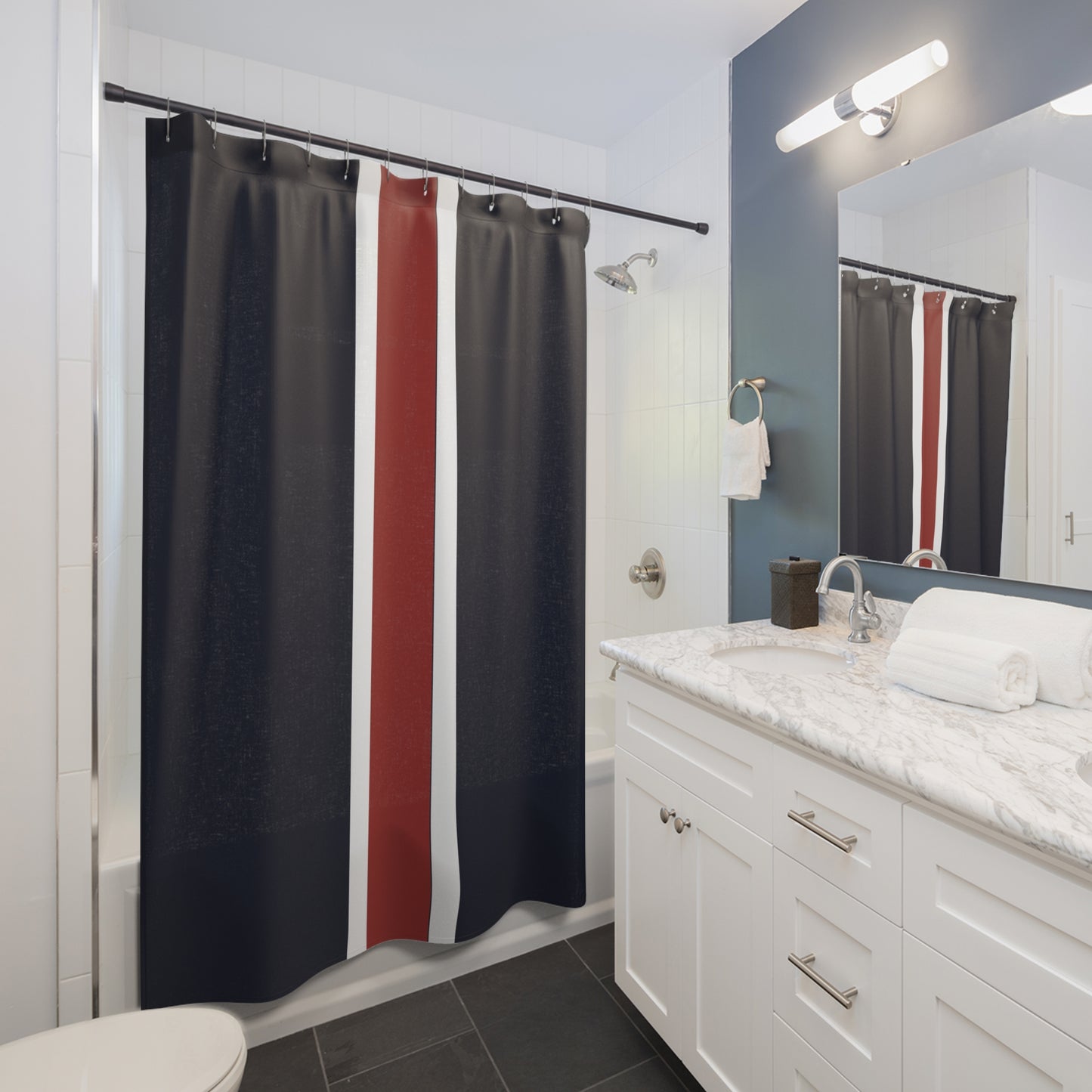 Lunar Midnight & Red-White Striped Stylish Modern Shower Curtain, Chic Bathroom Decor, Nautical Theme, Home Essentials, Gift for New Homeowners