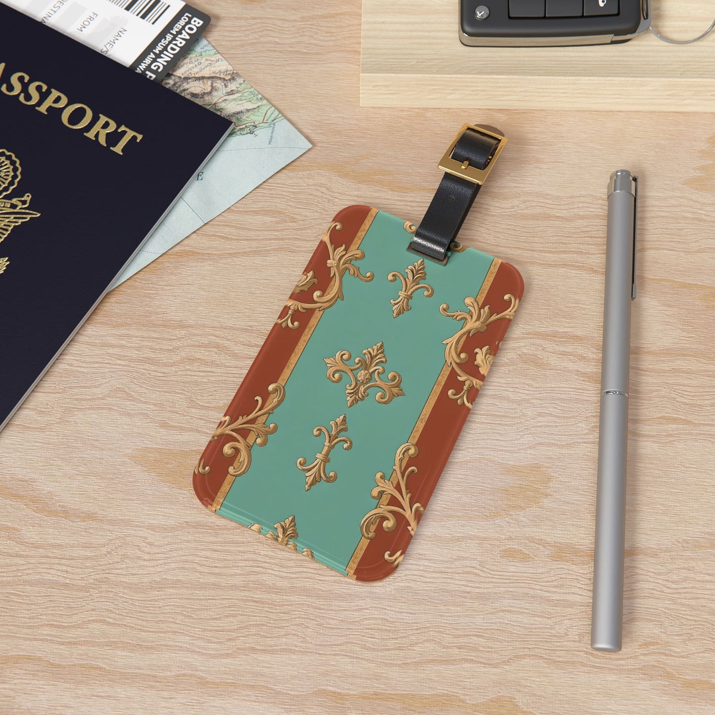 Elegant Vintage Luggage Tag - Travel Accessory with Ornate Design - Rust & Mint Aqua Striped Baroque