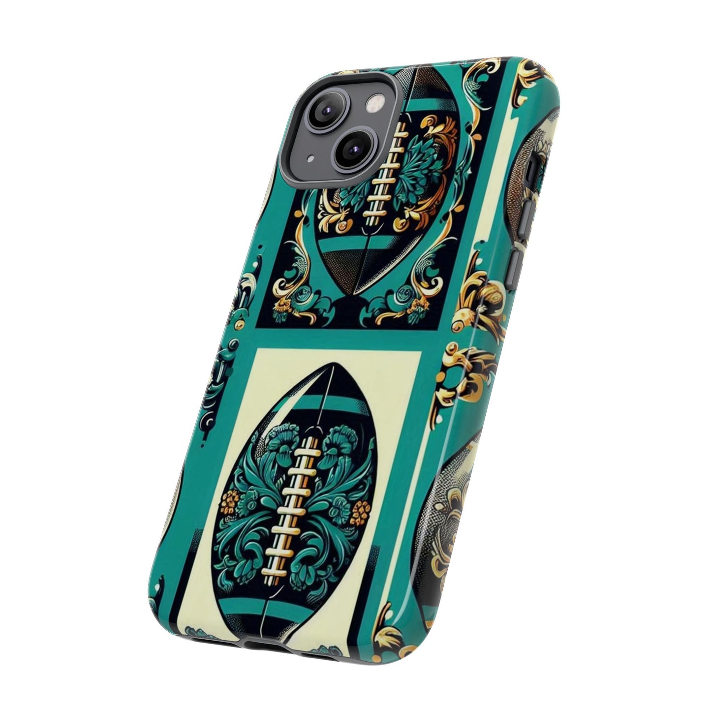 Elegant Floral Motif Phone Case - Tough Cases with Vintage Design -  Damask Teal, Gold & Black Footballs