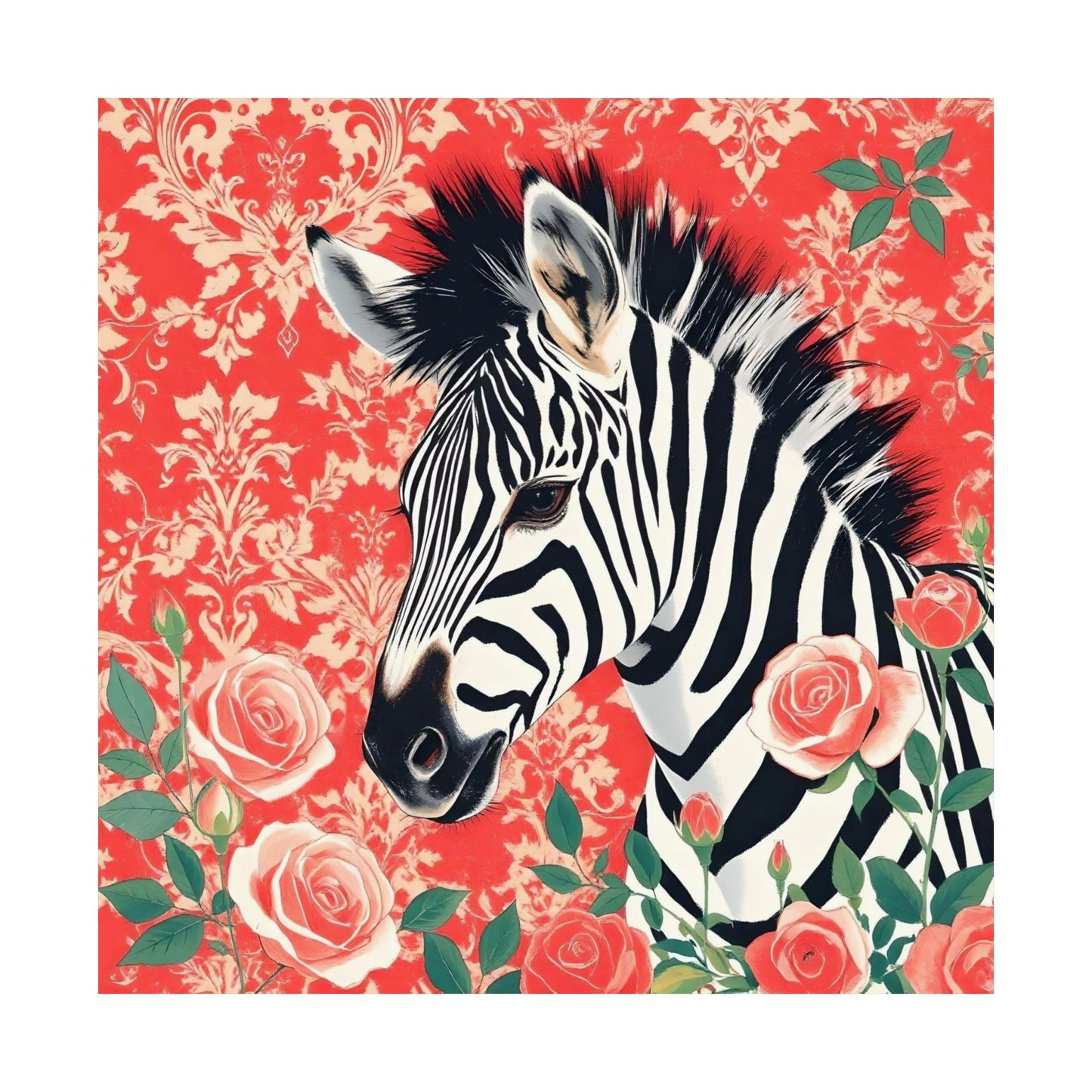 Floral Art Poster - Elegant Matte Vertical Wall Decor - Zebra With Coral Roses & Damask