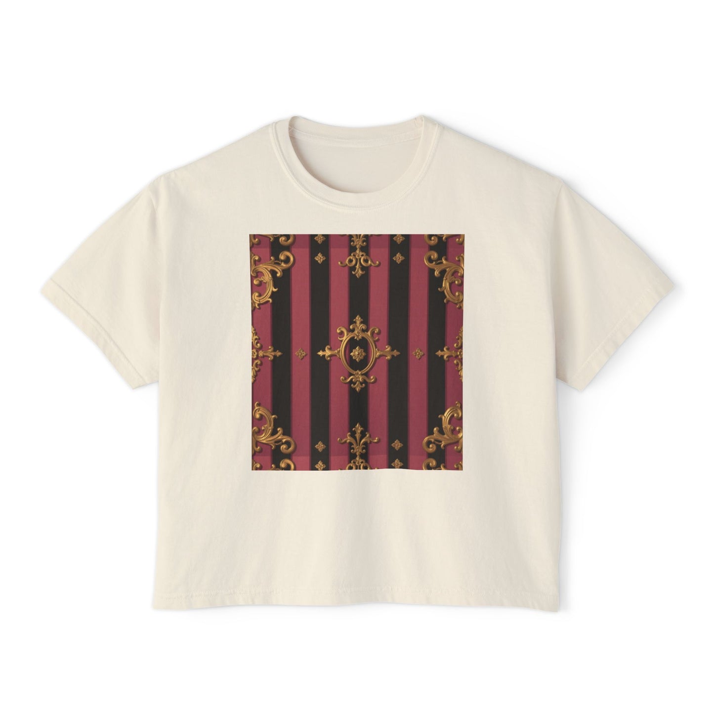 Black & Mauve Striped Gold Baroque Women's Boxy Tee, Vintage Style Top, Casual Fashion Tee, Oversized Graphic Shirt