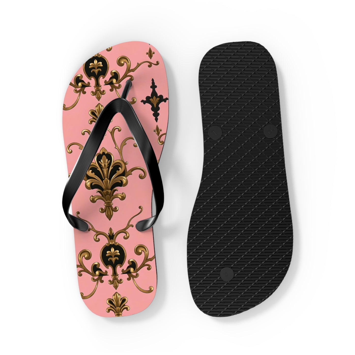 Stylish Flip Flops with Elegant Pink Design, Summer Footwear, Beach Sandals, Vacation Essentials - Pink, Black & Gold Rococo