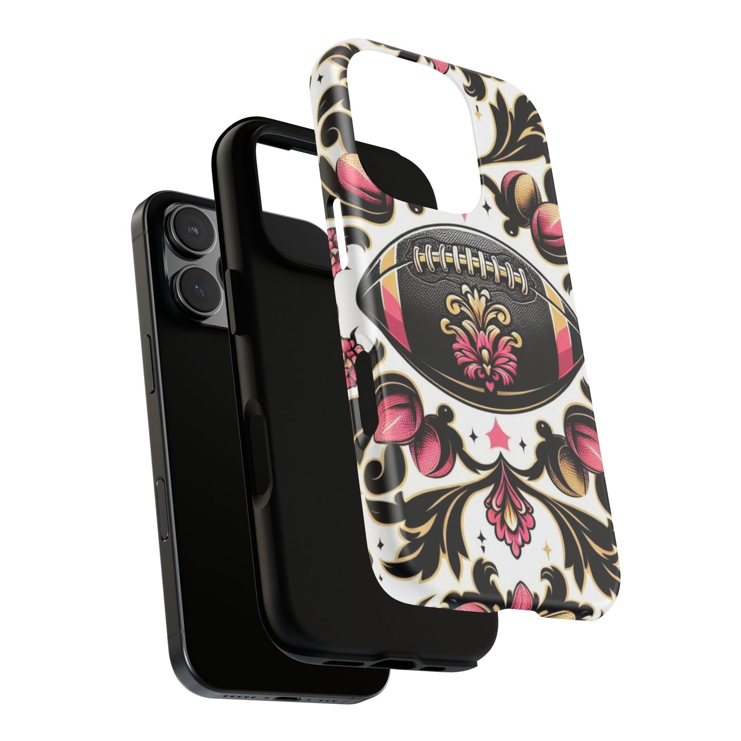 Elegant Floral Motif Phone Case - Tough Cases with Vintage Design - Damask White, Pink Gold & Black Football
