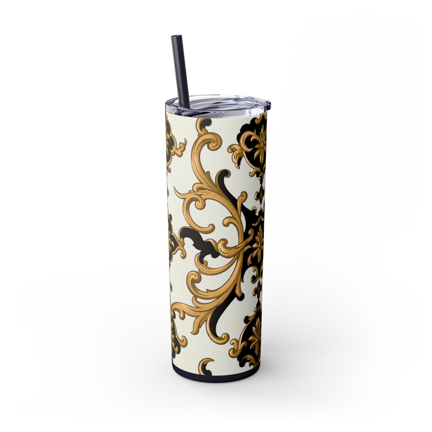 Elegant Gold Floral Skinny Tumbler, 20oz | Insulated Cup for Hot & Cold Drinks, Travel Mug, Gift for Mom, Stylish Drinkware - Black & Gold Rococo