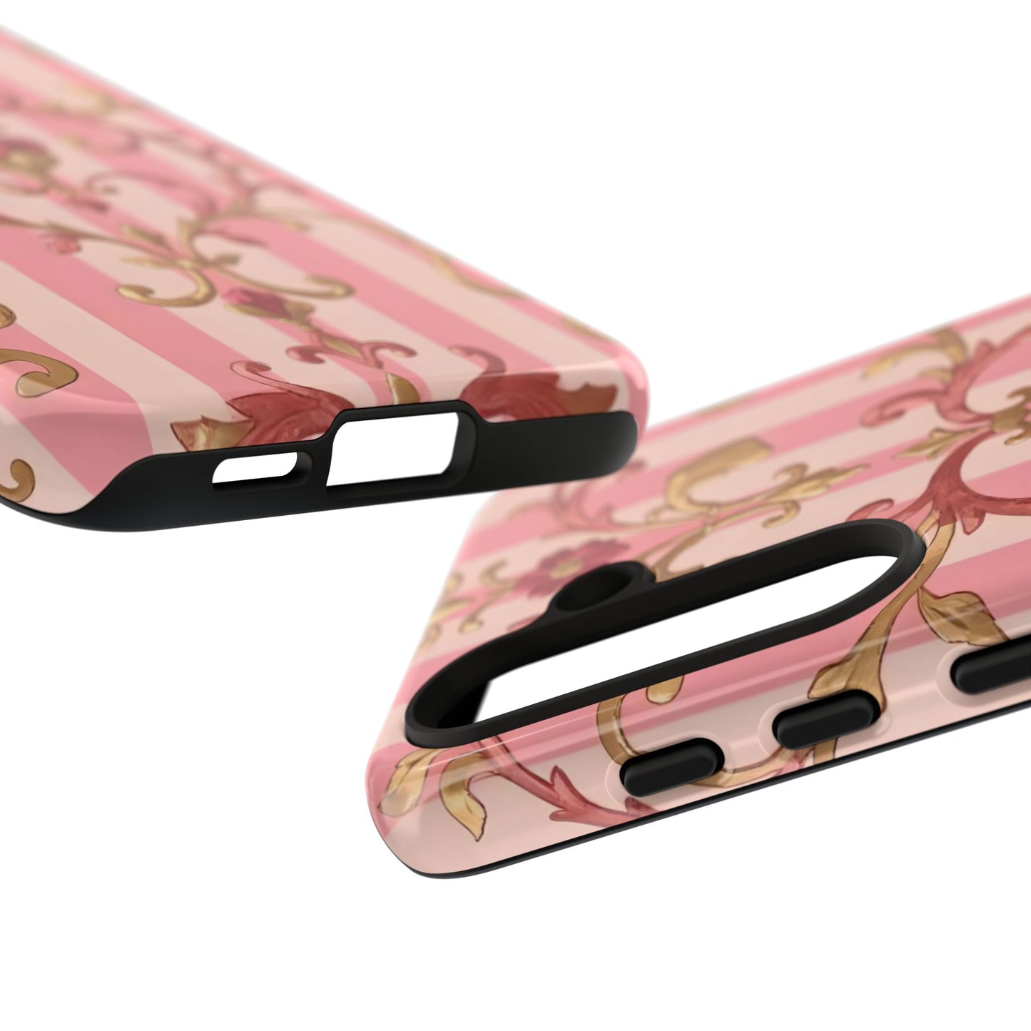 Elegant Floral Motif Phone Case - Tough Cases with Vintage Design - Pink Striped Rose Gold Damask