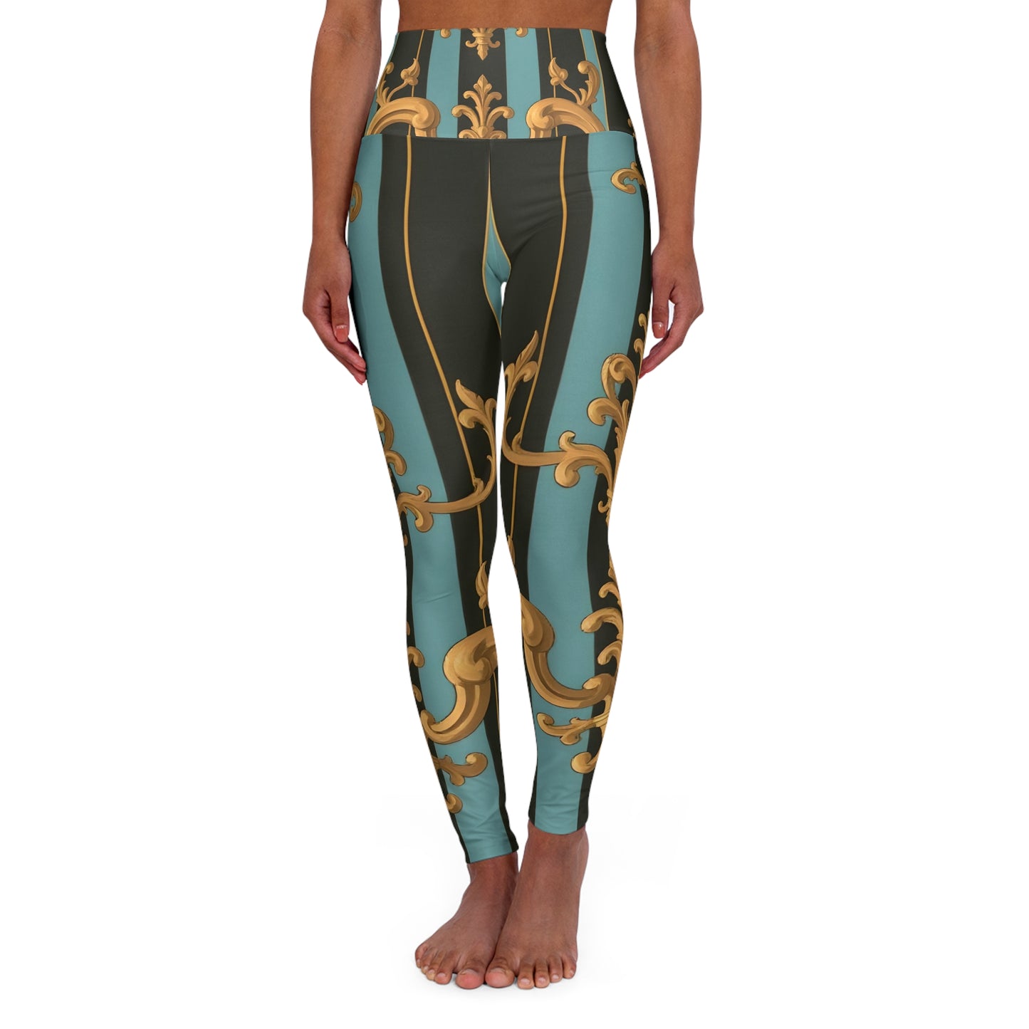 Elegant High Waisted Yoga Leggings, Activewear for Yoga and Pilates, Stylish Workout Pants - Black & Turquoise Striped Baroque