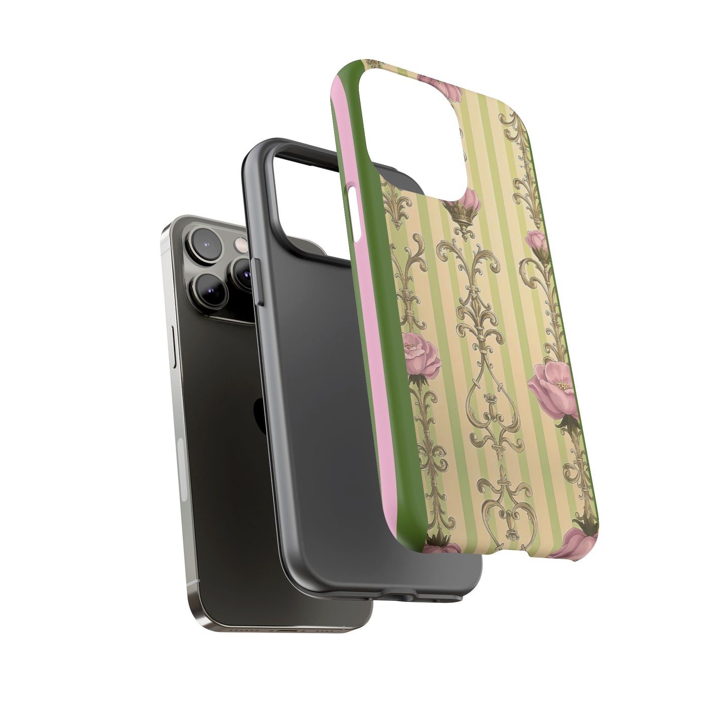 Elegant Floral Motif Phone Case - Tough Cases with Vintage Design - Lime Green & Pink Striped Damask