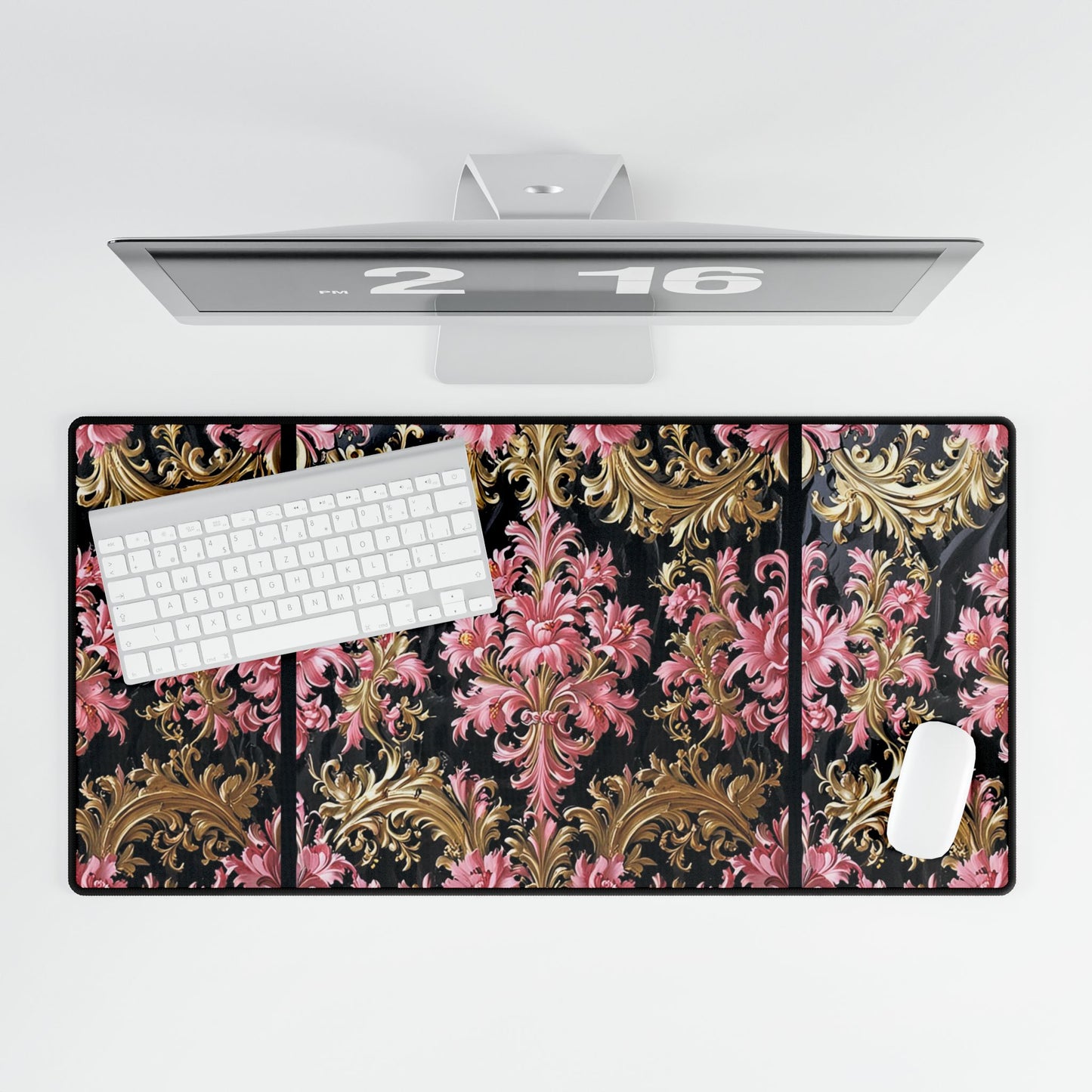 Elegant Floral Desk Mat, Office Decor, Home Office Accessories, Gift for Her, Desk Organizer - Black & Pink Oil Painting Style Rococo