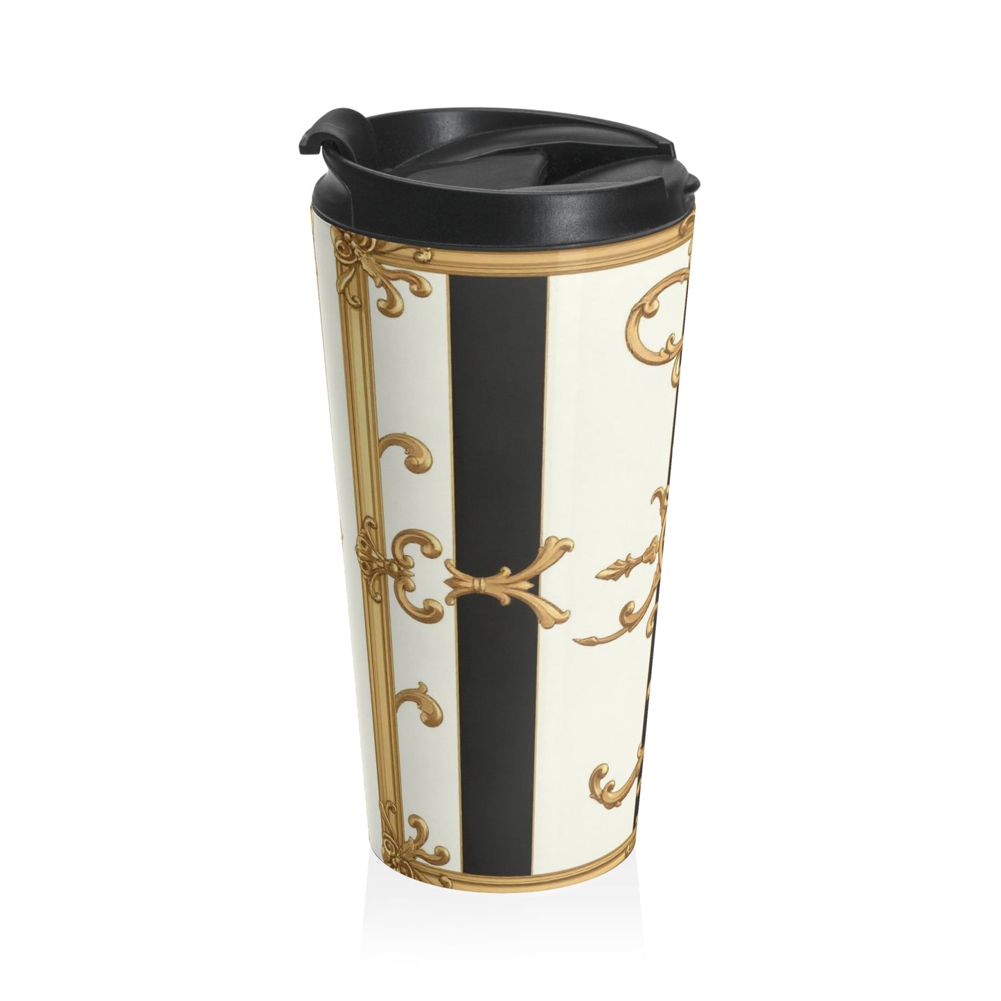 Elegant Stainless Steel Travel Mug with Ornate Design - Perfect Gift for Coffee Lovers, Travel Companion - Black & White Striped Gold Baroque