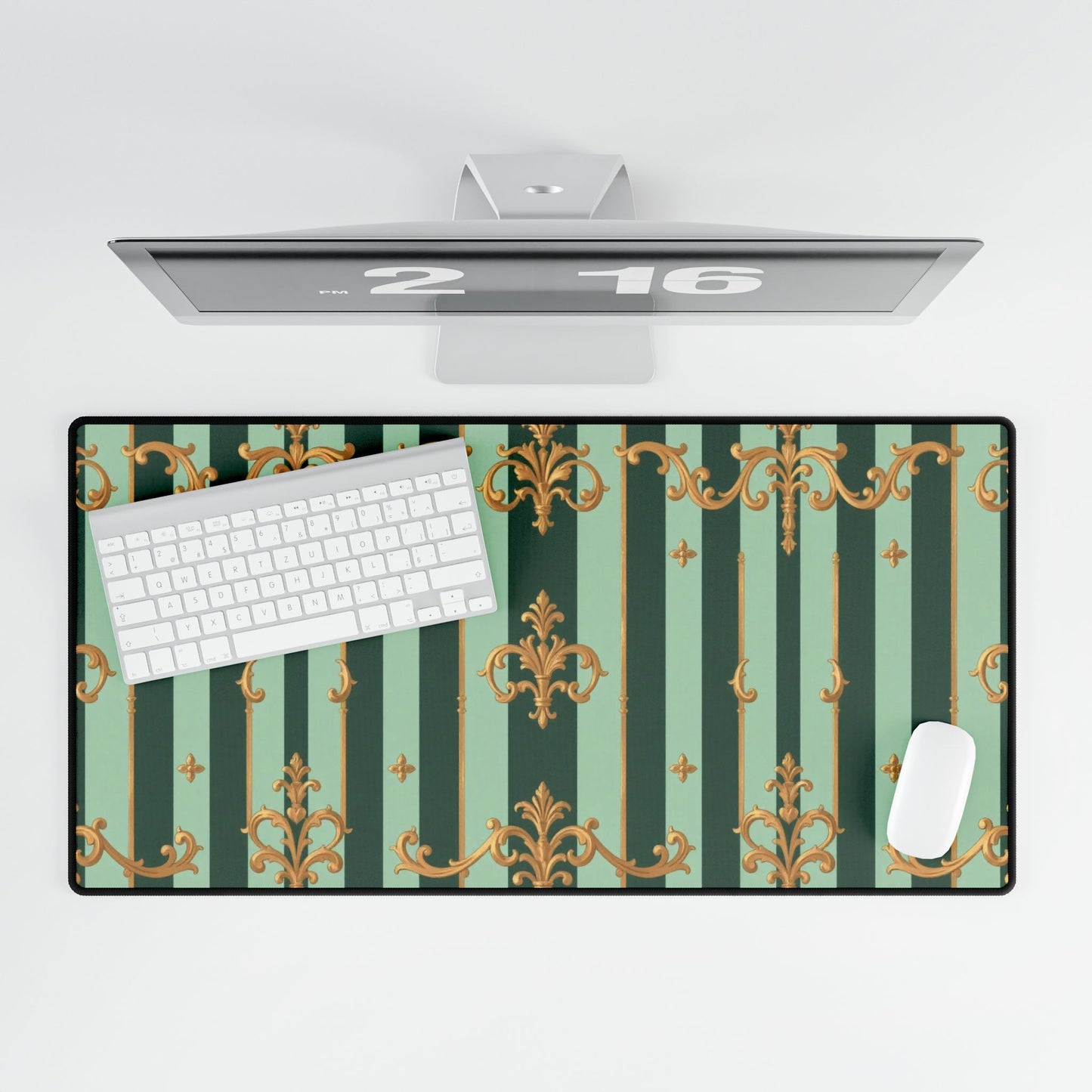 Elegant Office Desk Mats, Decorative Desk Accessories, Home Office Decor, Stylish Mouse Pads - Mint Green & Teal Striped Gold Baroque