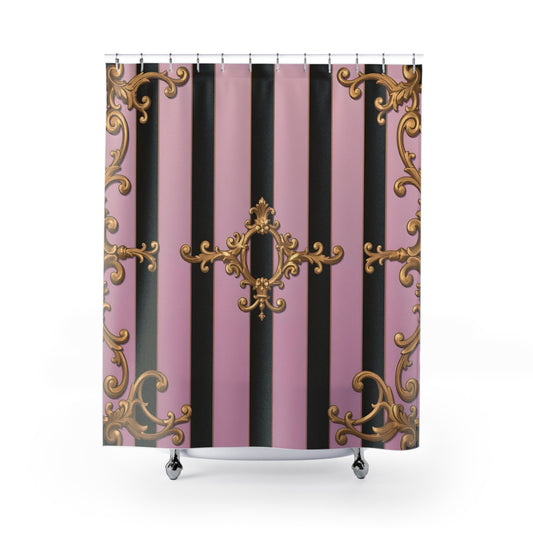 Elegant Vintage Pink Stripe Shower Curtain, Glam Decor, Bathroom Accessories, Gift for Home - Ombre Matte Lavender & Black Striped Gold Baroque