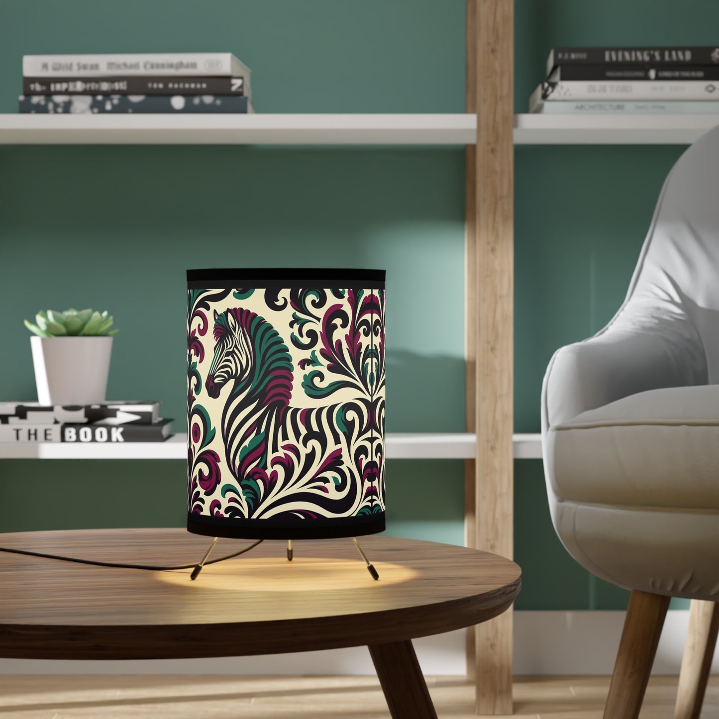 Tripod Lamp - Elegant Vintage Floral Print Home Accent - Burgundy & Green Zebra Damask Design
