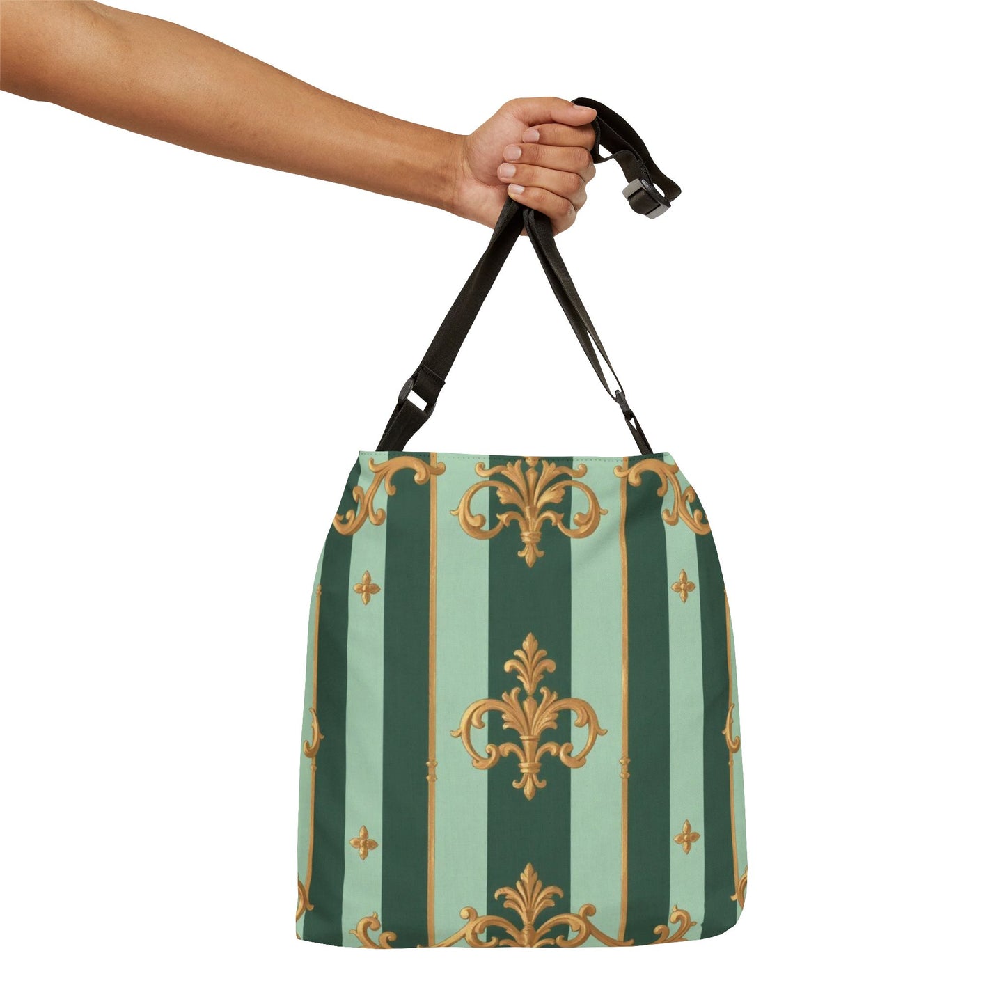 Elegant Floral Adjustable Tote Bag, Stylish Eco-Friendly Purse, Versatile Carry-All for Daily Use - Mint Green & Teal Striped Gold Baroque