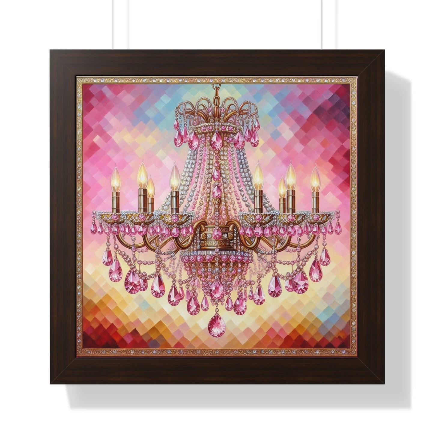 Elegant Chandelier Framed Poster, Glam Home Decor, Wall Art, Bridal Shower Gift, Living Room Decoration, Luxury Wall Art - Pink Jeweled Chandelier