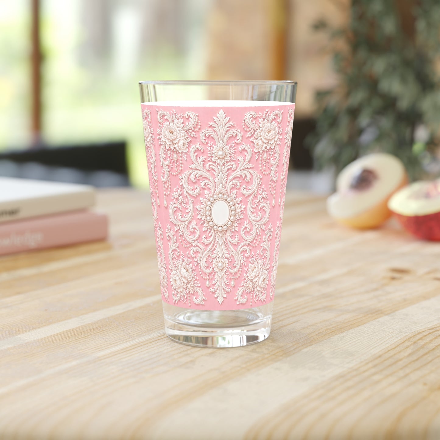 Pink Rococo Pint Glass – Elegant Ornate 16oz Drinkware
