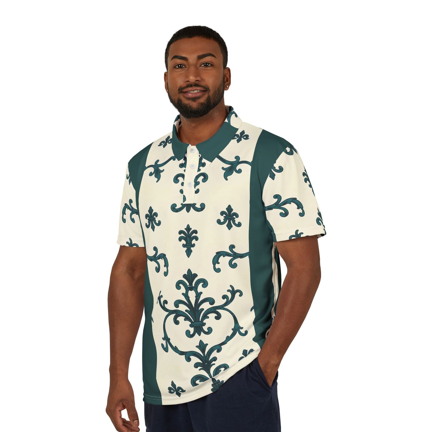 Unisex Polo Shirt (AOP) - Teal Striped Rococo