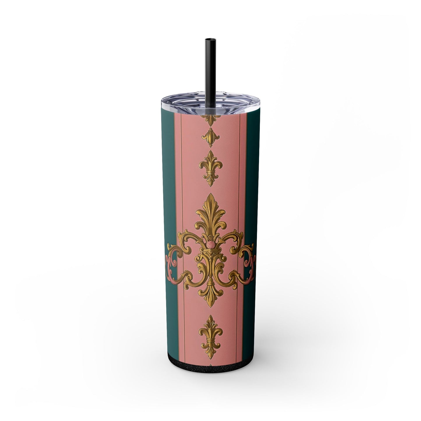 Elegant Pink and Green Skinny Tumbler with Straw, 20oz - Ideal for Gifts, Travel, Home, Events - Pink & Teal Striped Gold Baroque