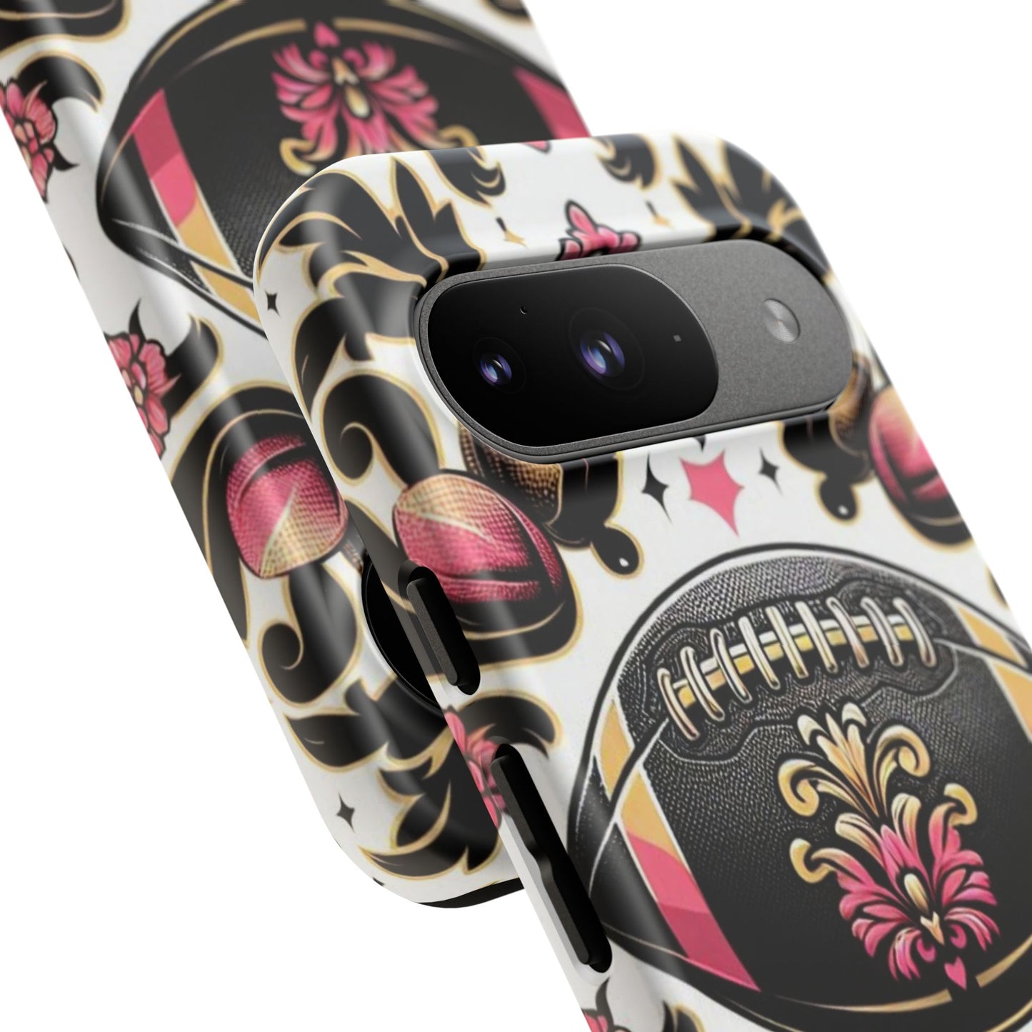 Elegant Floral Motif Phone Case - Tough Cases with Vintage Design - Damask White, Pink Gold & Black Football
