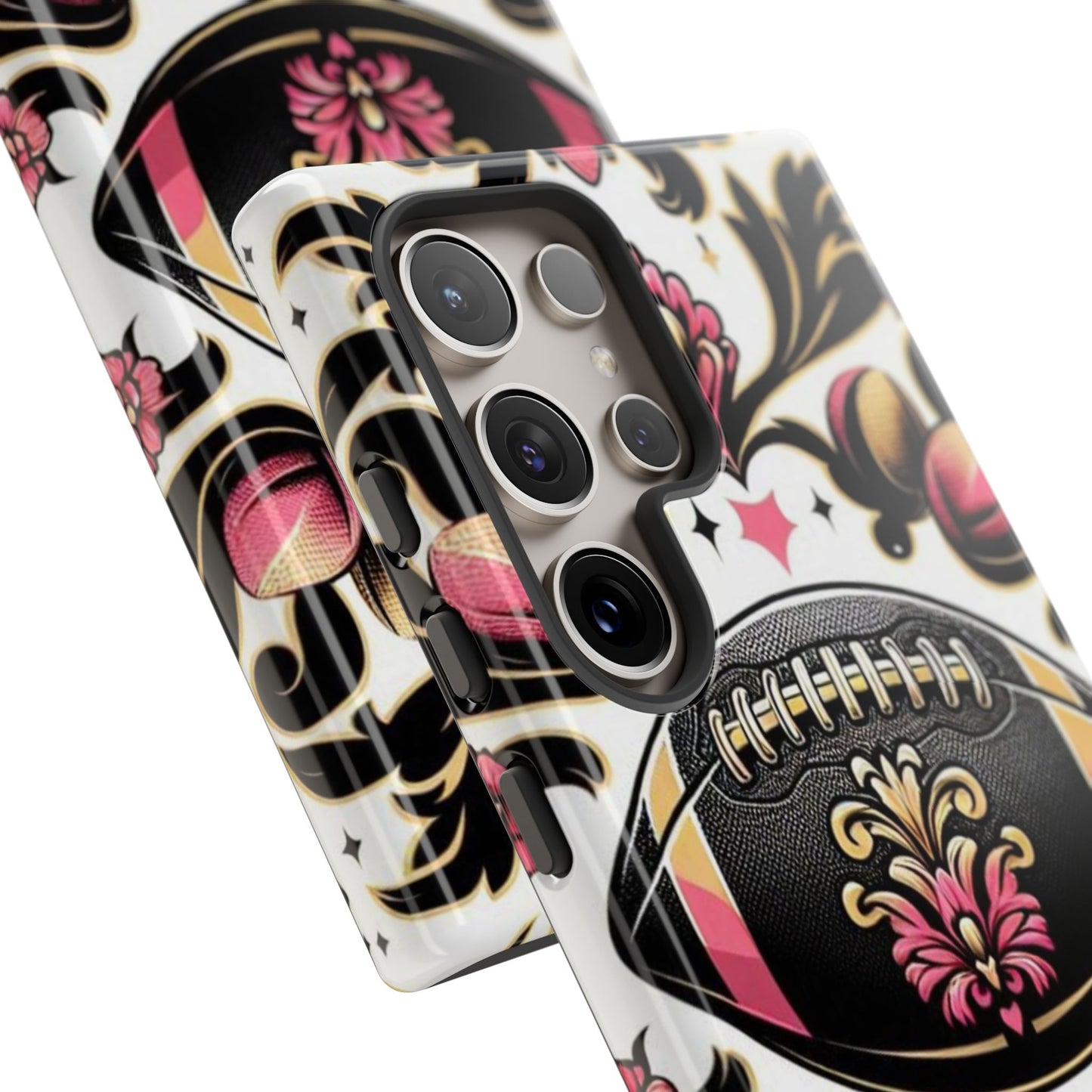 Elegant Floral Motif Phone Case - Tough Cases with Vintage Design - Damask White, Pink Gold & Black Football