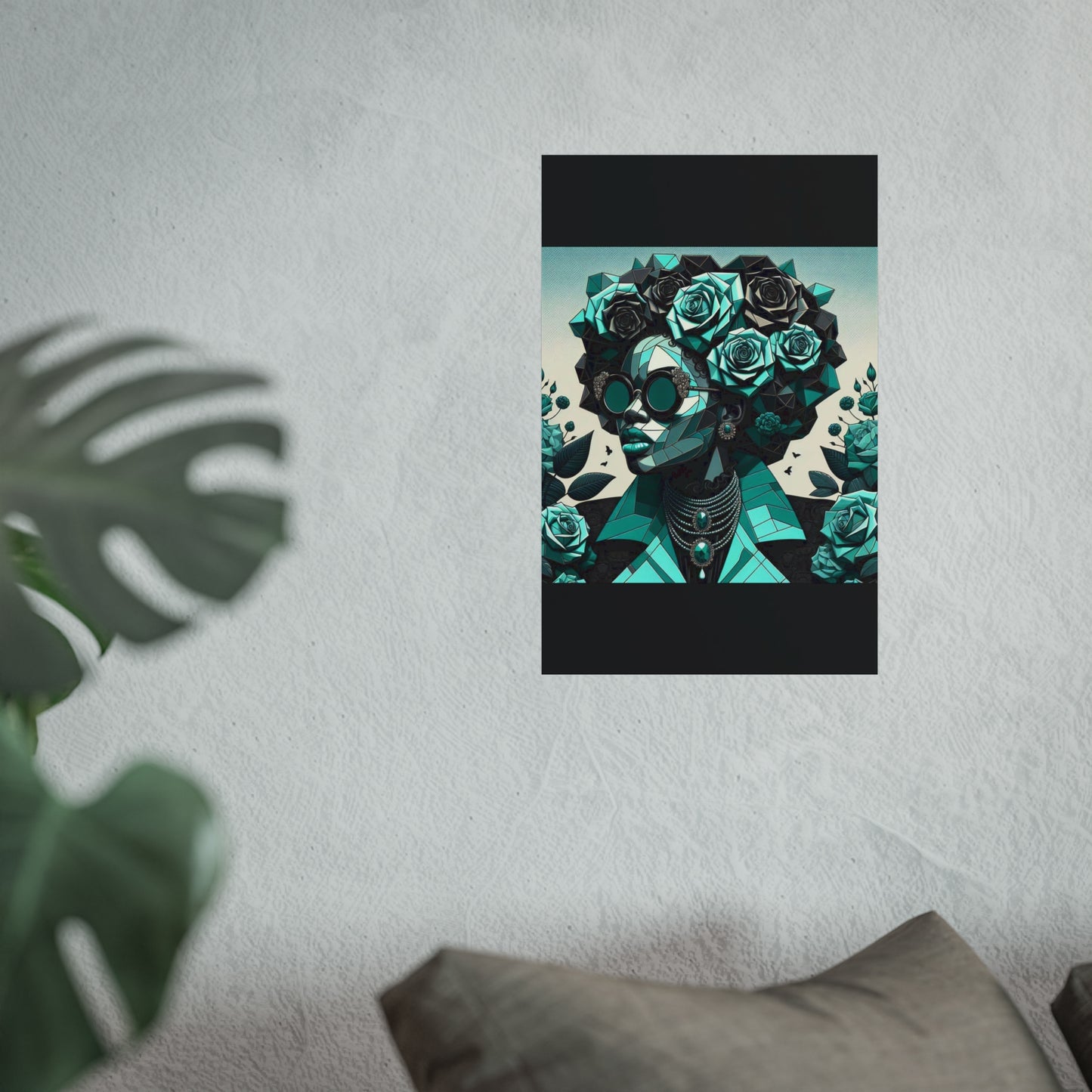 Chic Floral Fine Art Poster | Modern Wall Decor, Home Aesthetic, Gift for Art Lovers, Unique Room Makeover - Turquoise & Black Roses Lady