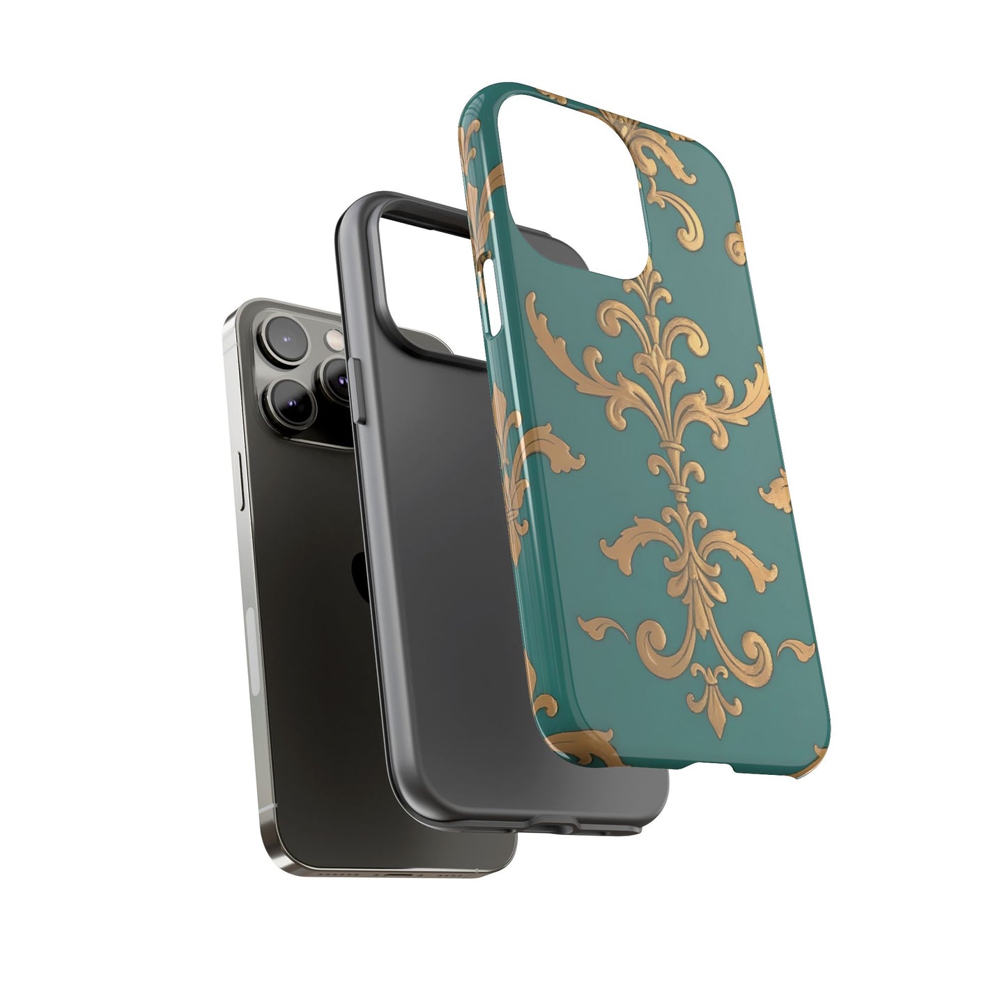 Elegant Floral Motif Phone Case - Tough Cases with Vintage Design - Aqua & Gold Damask