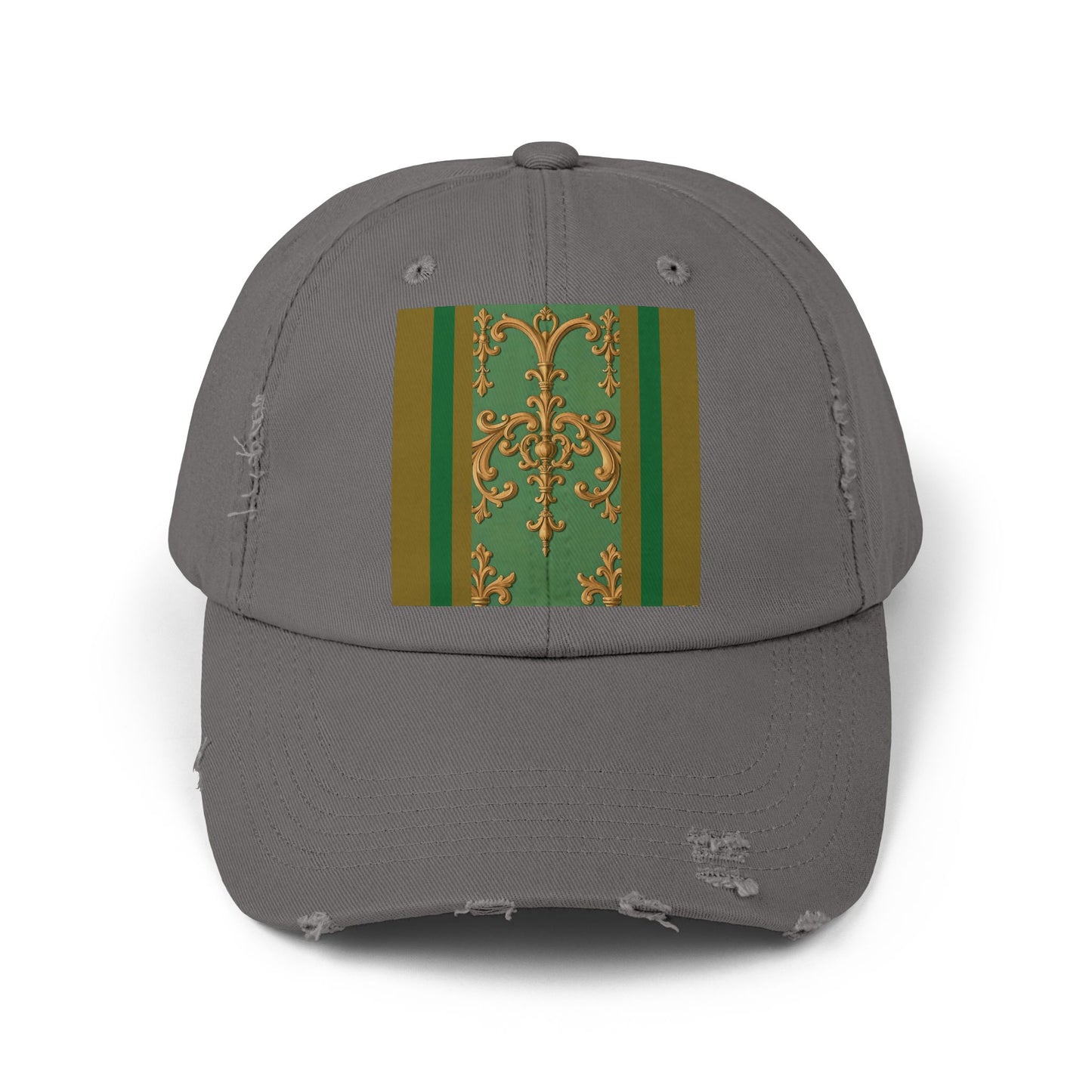 Stylish Unisex Distressed Cap with Unique Floral Design, Trending Accessory for Men and Women - Olive Green Striped Rococo