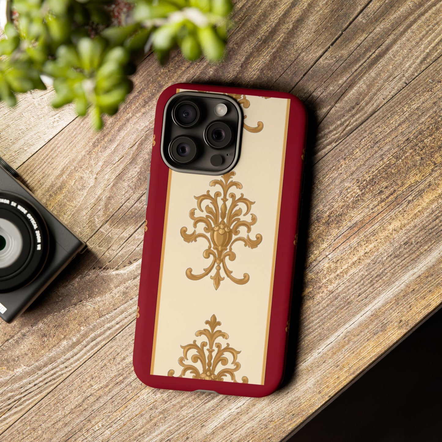 Elegant Floral Motif Phone Case - Tough Cases with Vintage Design - Dusk Red Striped Gold Damask