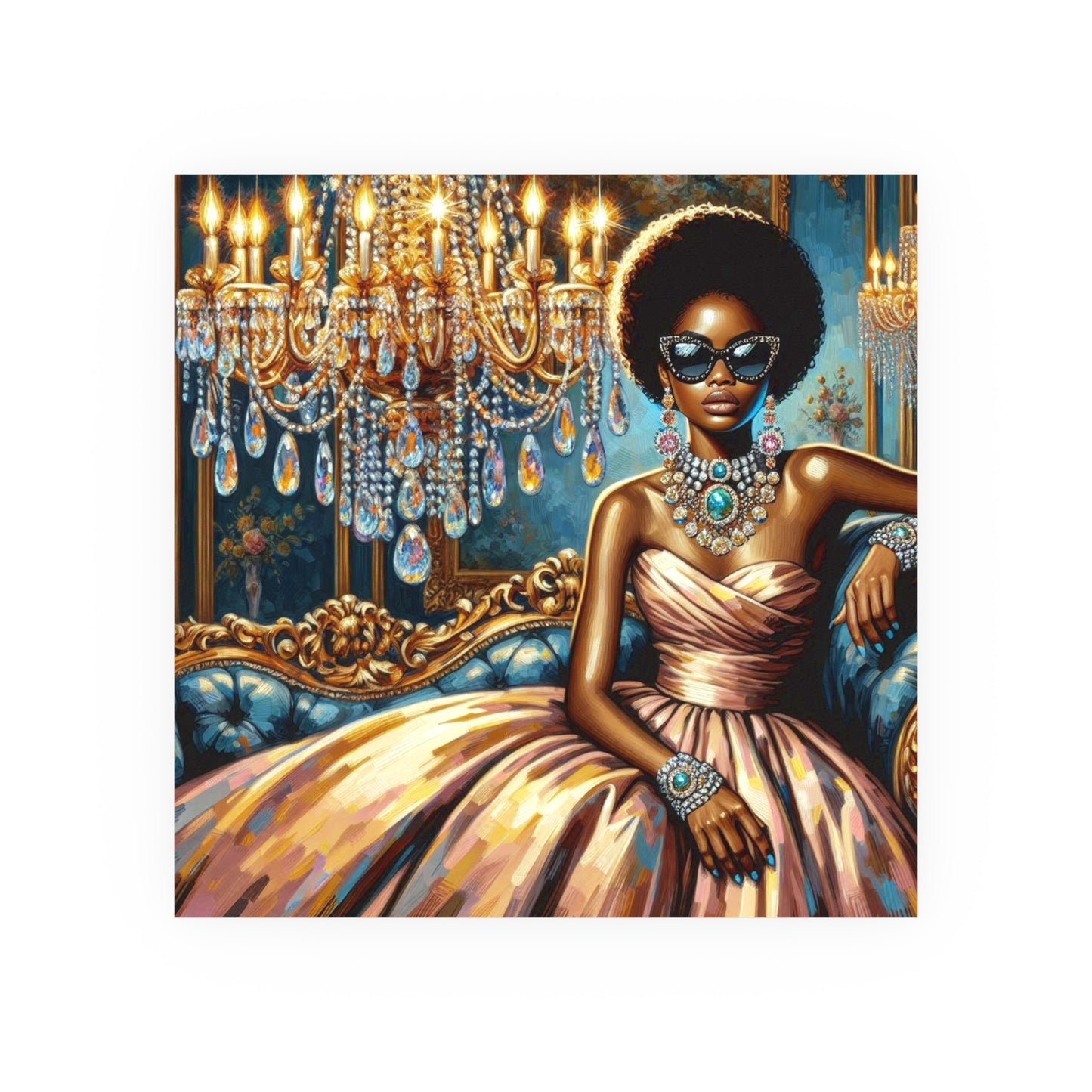 Elegant Glamour Satin Poster, Wall Art Decor, Modern Home Gallery, Gift for Art Lovers, Chic Interior Decoration - Elegant Lady & Chandelier