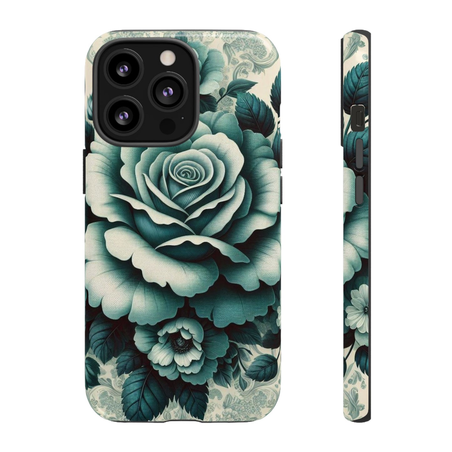 Elegant Floral Motif Phone Case - Tough Cases with Vintage Design - Teal Roses & Damask