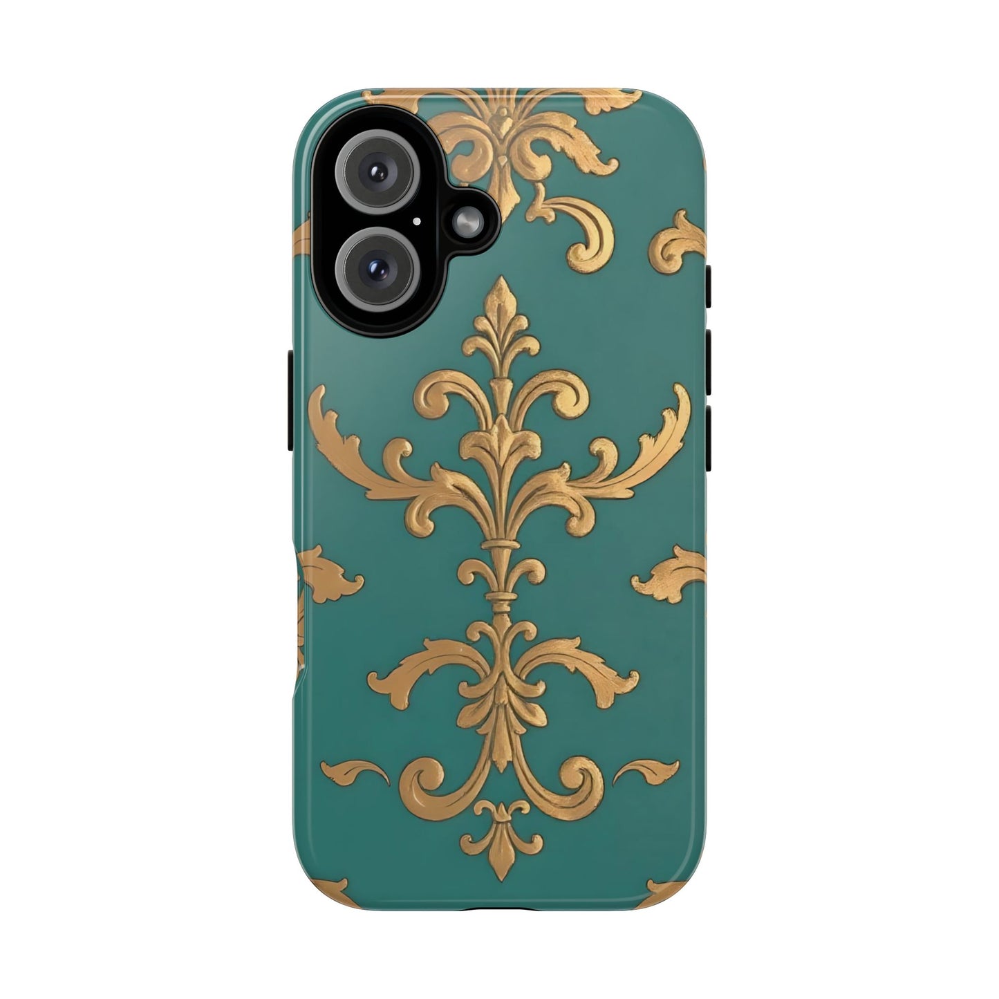 Elegant Floral Motif Phone Case - Tough Cases with Vintage Design - Aqua & Gold Damask