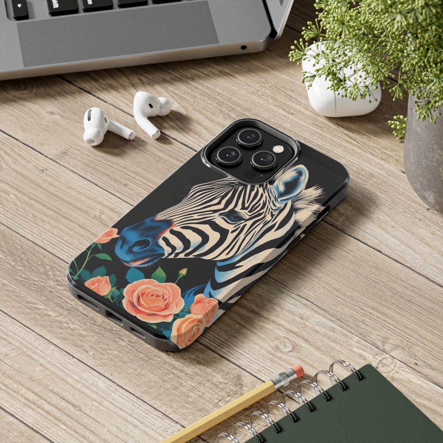 Zebra Tough Phone Case - Trendy Floral Design for Animal Lovers - Blue Zebra & Roses