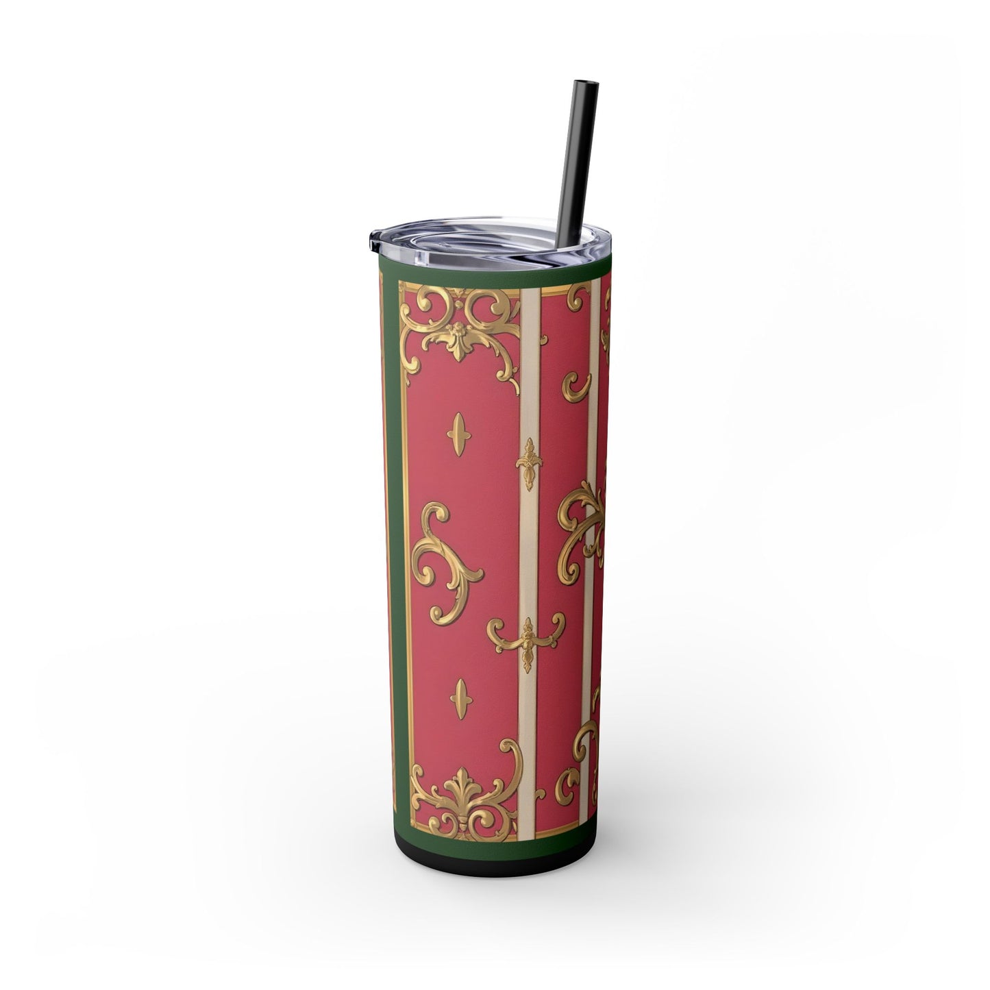 Elegant Green Border Pink Striped Baroque Skinny Tumbler with Straw, Reusable Travel Mug, Gift for Her, Fashionable Drinkware