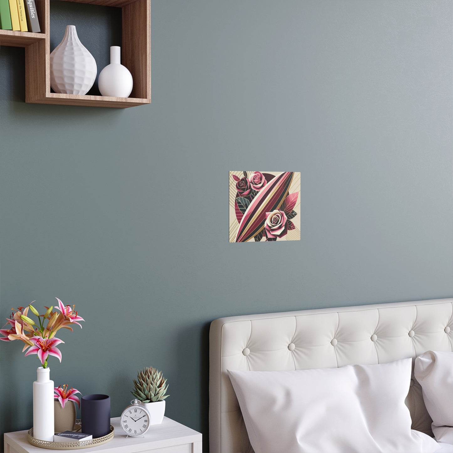 Elegant Floral Silk Poster - Indoor/Outdoor Wall Art for Home Decor - Pink & Burgundy Striped Surfboard & Roses