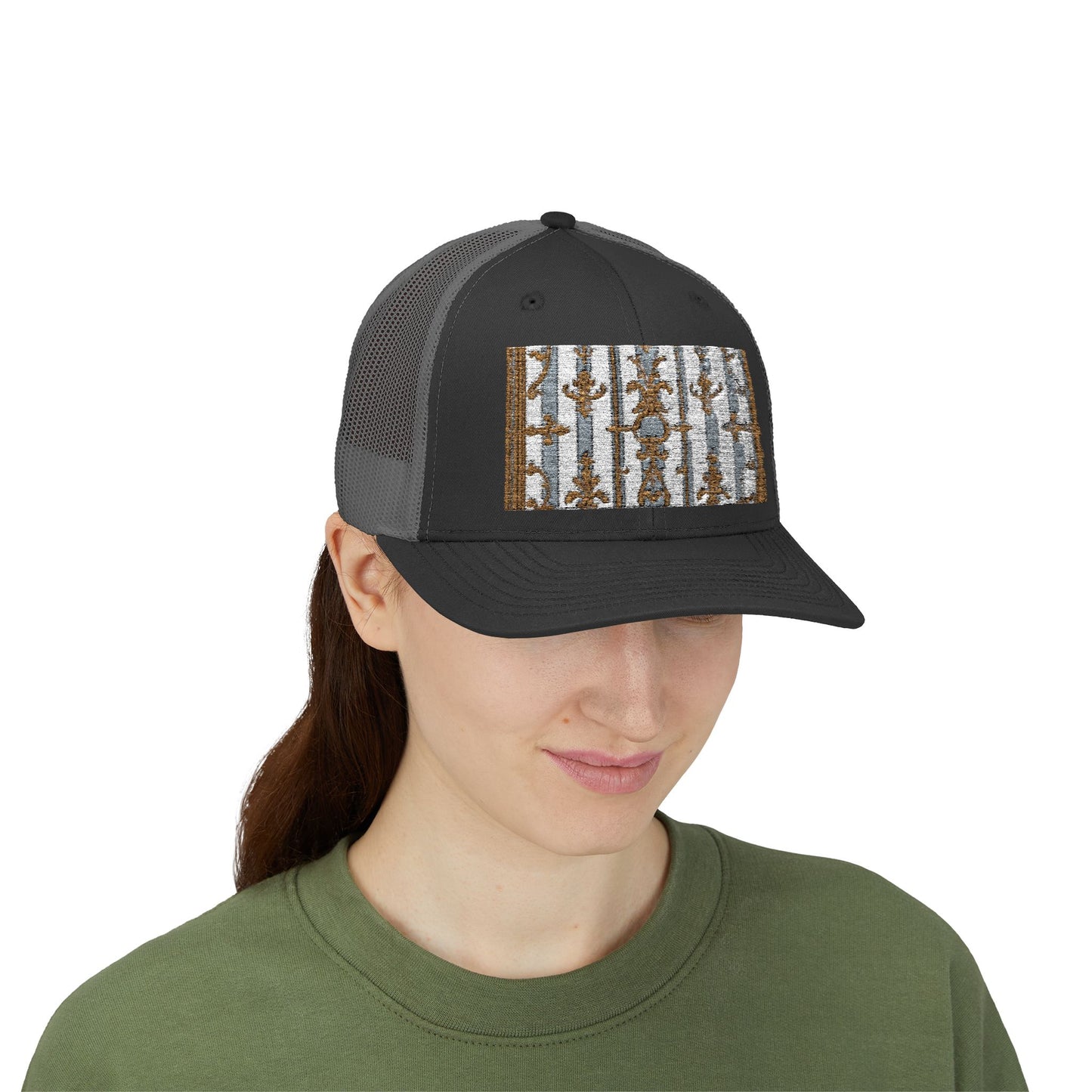 Stylish Snapback Trucker Cap with Nature-Inspired Design - Summer Festivals - Matte Gray & Cream Striped Gold Baroque