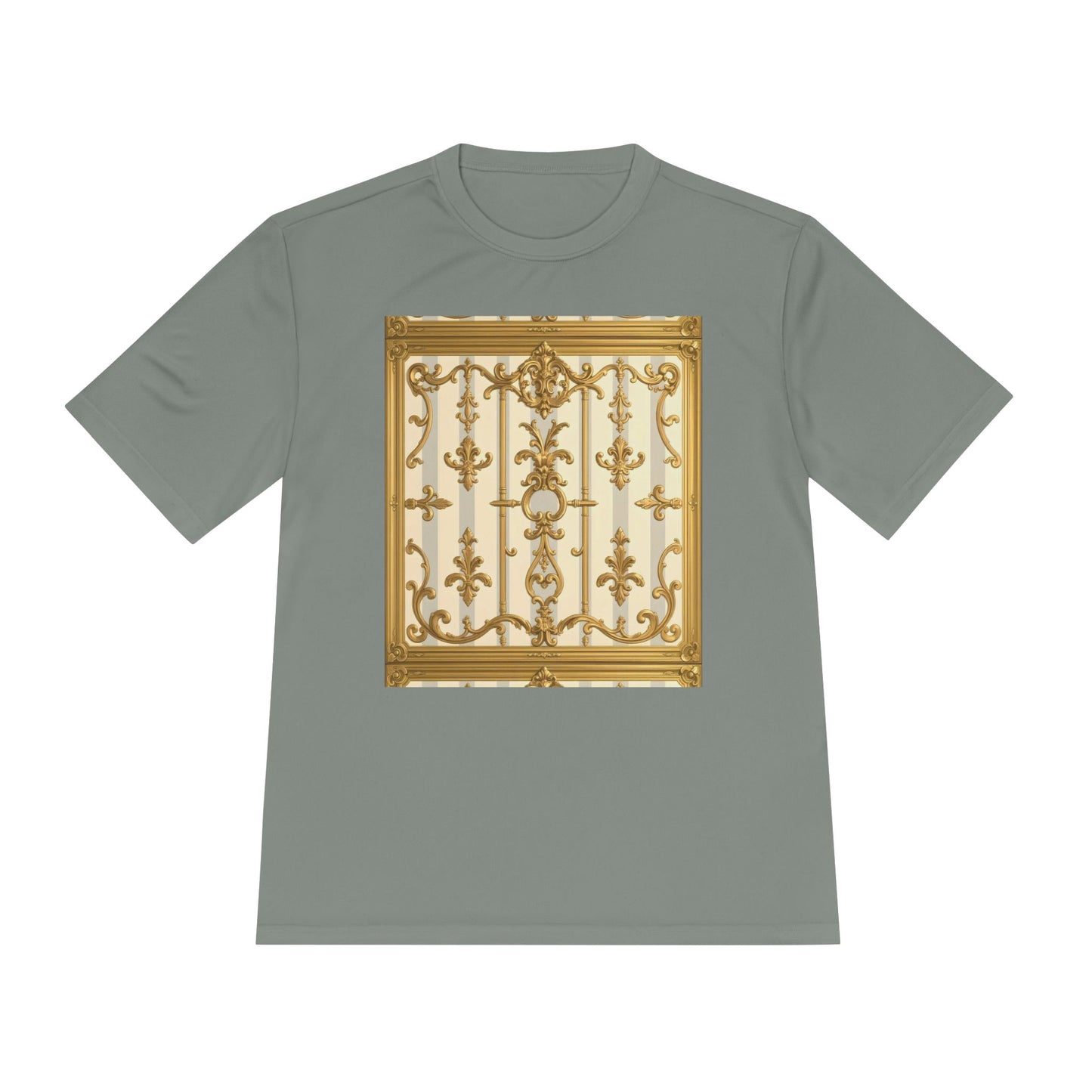 Elegant Gold Unisex Moisture Wicking Tee, Fashion Tee, Workout Shirt, Summer Style - Matte Gray & Cream Striped Gold Baroque
