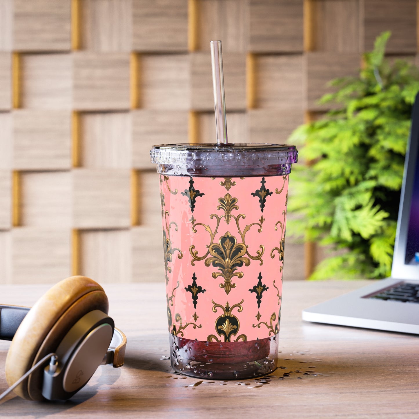 Chic Travel Cup, Elegant Plastic Tumbler for Coffee or Water, Party Favors, Gift for Friends - Pink, Black & Gold Rococo