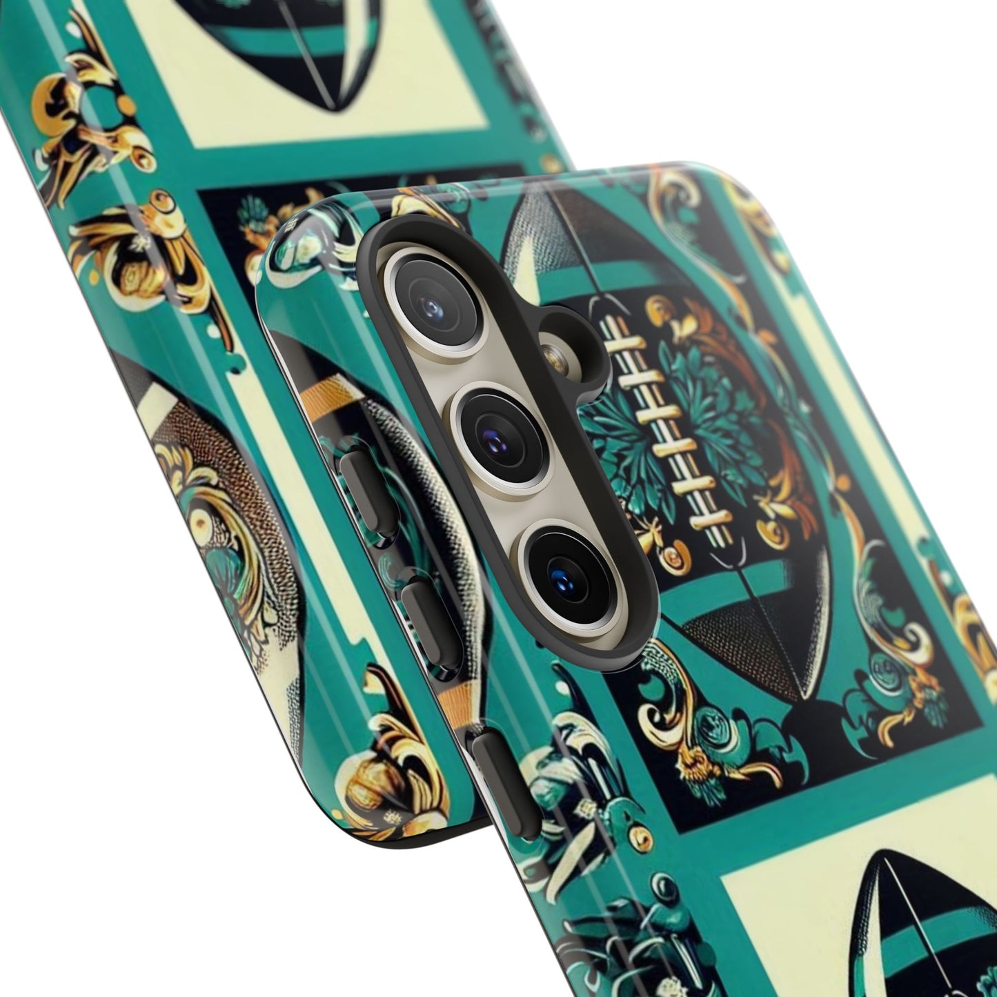 Elegant Floral Motif Phone Case - Tough Cases with Vintage Design -  Damask Teal, Gold & Black Footballs