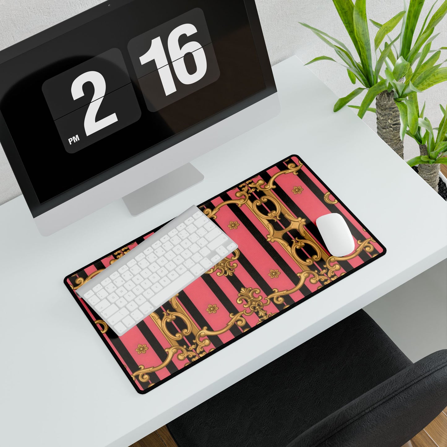 Elegant Pink & Black Desk Mat for Home Office, Stylish Ergonomic Mat, Desk Accessories - Pink & Black Striped Gold Baroque