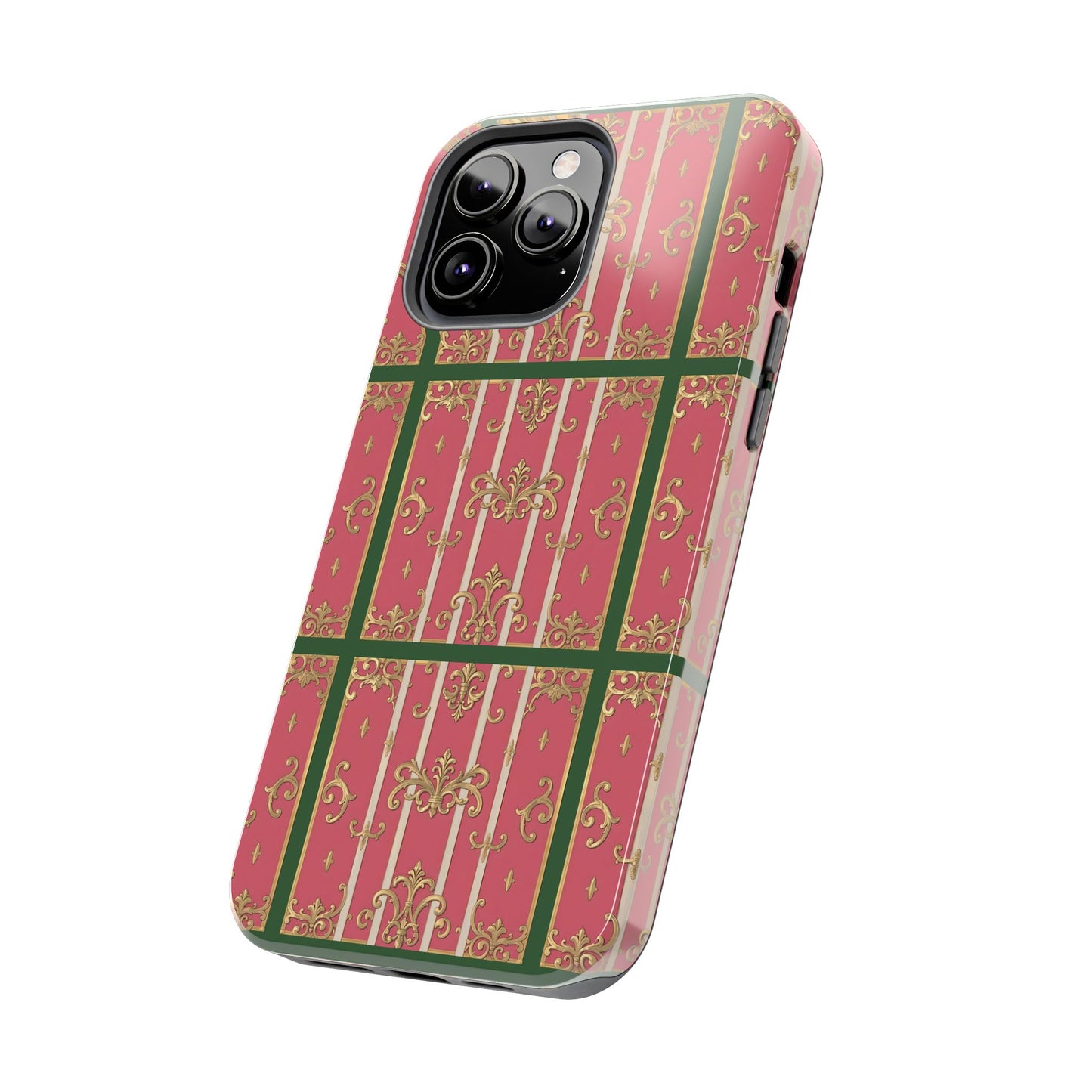 Elegant Green Border Pink Striped Baroque Phone Cases, Tough Phone Cases for Protection, Stylish Mobile Accessories, Gift for Her, Holiday Tech Gifts