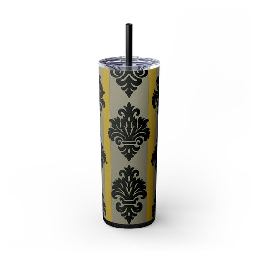 Elegant Baroque Skinny Tumbler, 20oz Travel Mug, Stylish Drinkware for Home or Office, Unique Gift for Her - Silver & Gold Striped Black Baroque