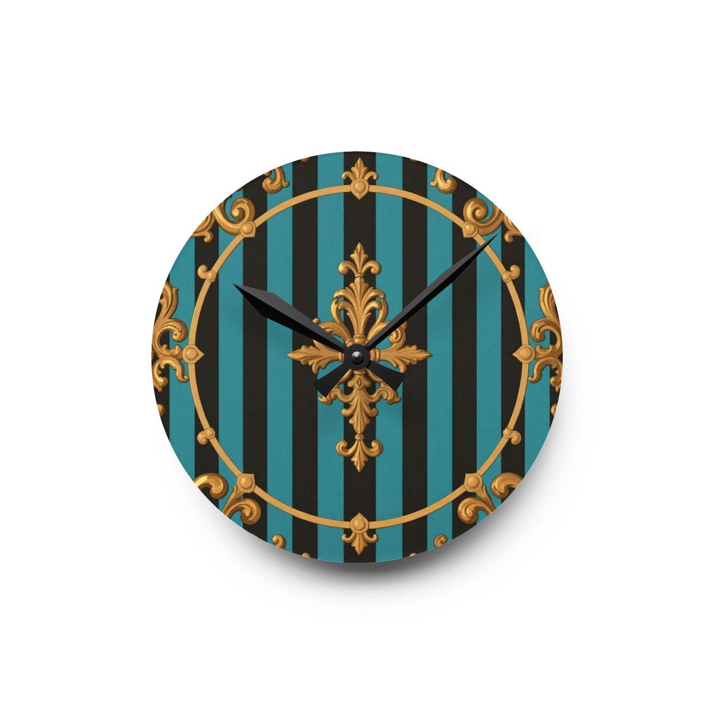 Elegant Turquoise & Black Striped Gold Baroque Acrylic Wall Clock, Gold Accents, Home Decor, Gift for Housewarming, Birthday, Stylish Wall Art
