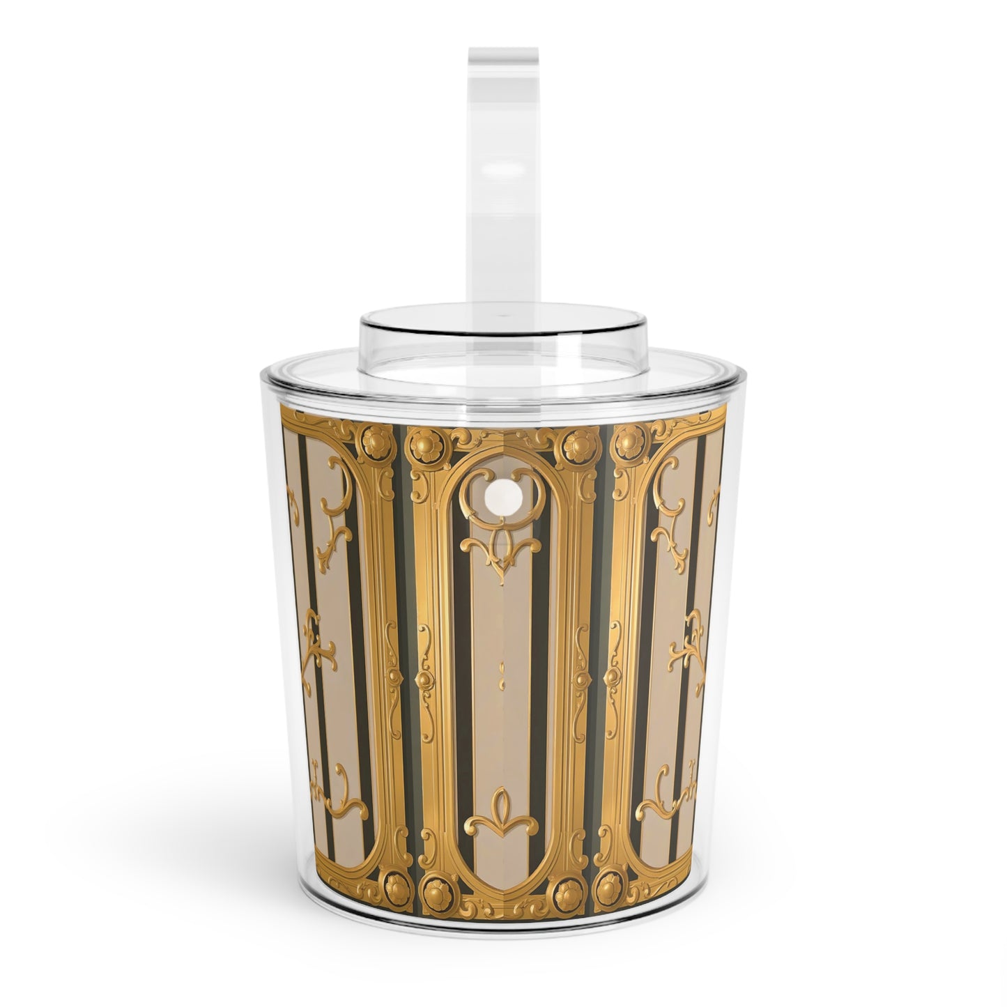 Elegant Decorative Ice Bucket with Tongs, Perfect for Parties, Weddings, Barbecues, Gift for Beverage Lovers - Beige Striped Gold Rococo