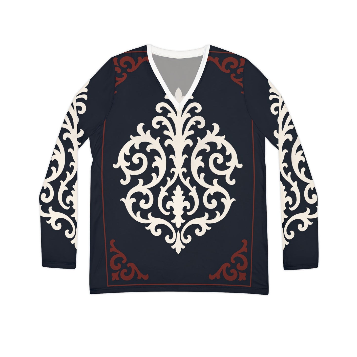 Dusk Blue & Maroon-White Baroque V-Neck Long Sleeve — Elegant Women's Patterned Top