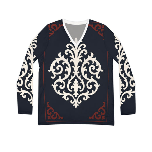 Dusk Blue & Maroon-White Baroque V-Neck Long Sleeve — Elegant Women's Patterned Top