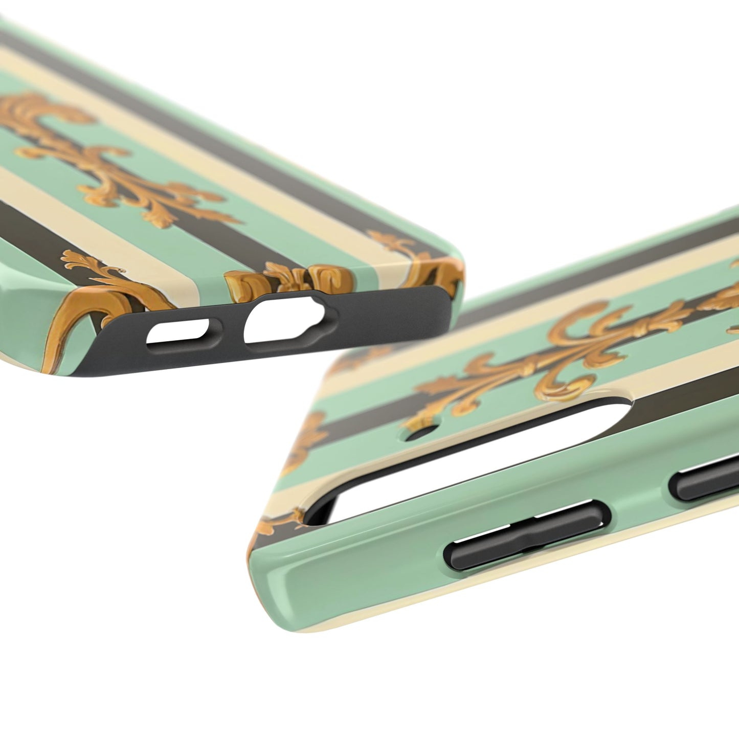 Elegant Floral Tough Phone Cases - Stylish Protection for All Occasions, Gifts for Her, Phone Covers - Black & Matte Mint Striped Rococo