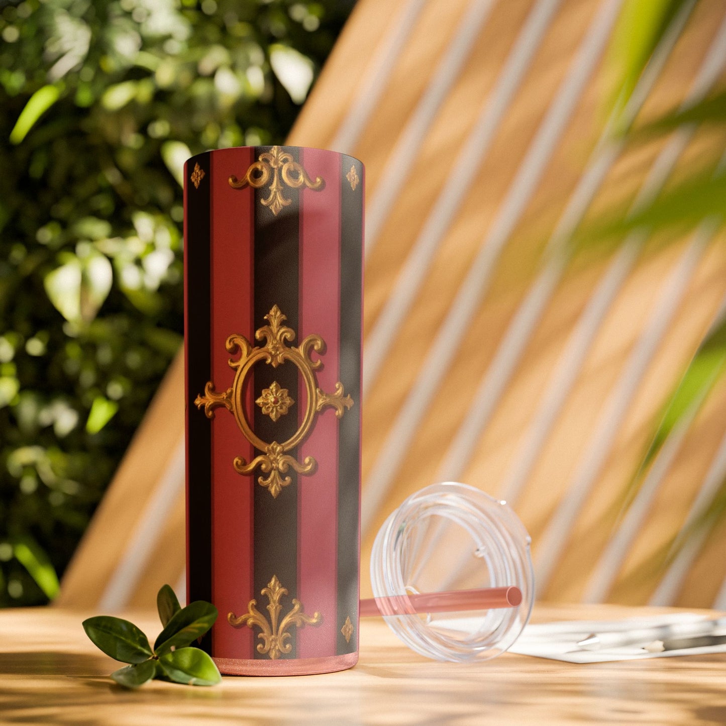 Elegant Black & Mauve Striped Gold Baroque Striped Skinny Tumbler with Straw, 20oz | Vintage Gold Accent Drinkware, Wedding Gift, Party Favor, Travel Mug