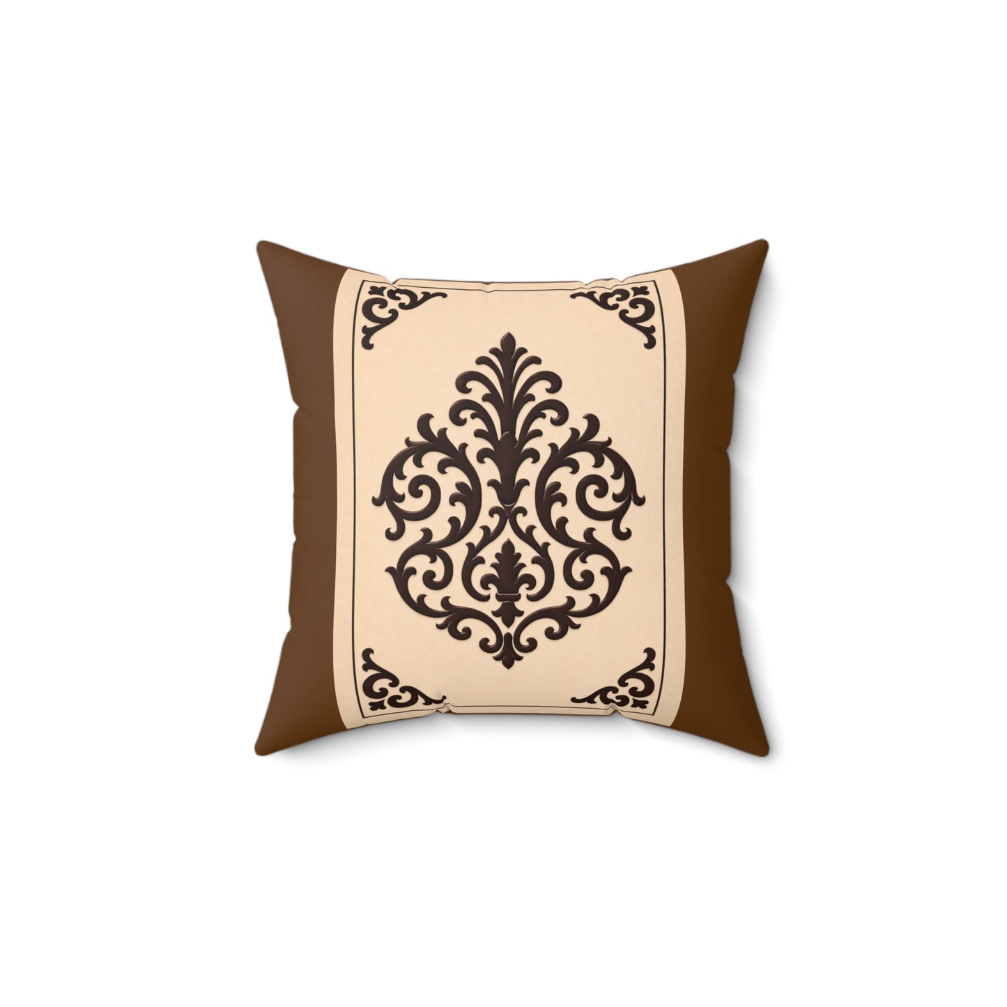 Almond-Beige & Brown Baroque Suede Pillow — Brown Ornate Square Throw Pillow