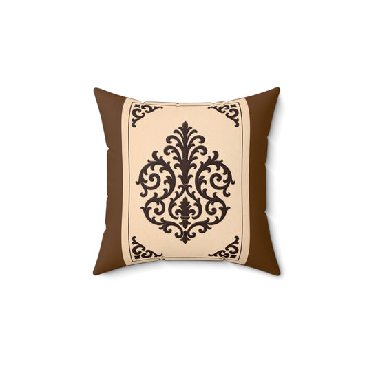 Almond-Beige & Brown Baroque Suede Pillow — Brown Ornate Square Throw Pillow