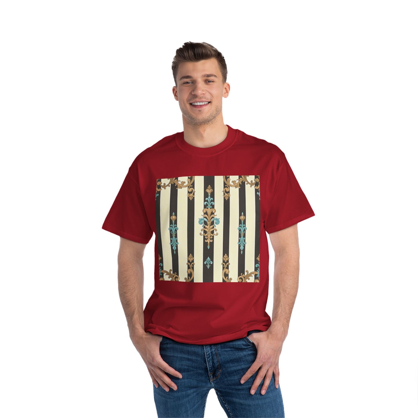 Elegant Floral Pattern Tee, Vintage Style T-Shirt, Gift for Her, Casual Outfit - Black Striped Turquoise & Black Rococo