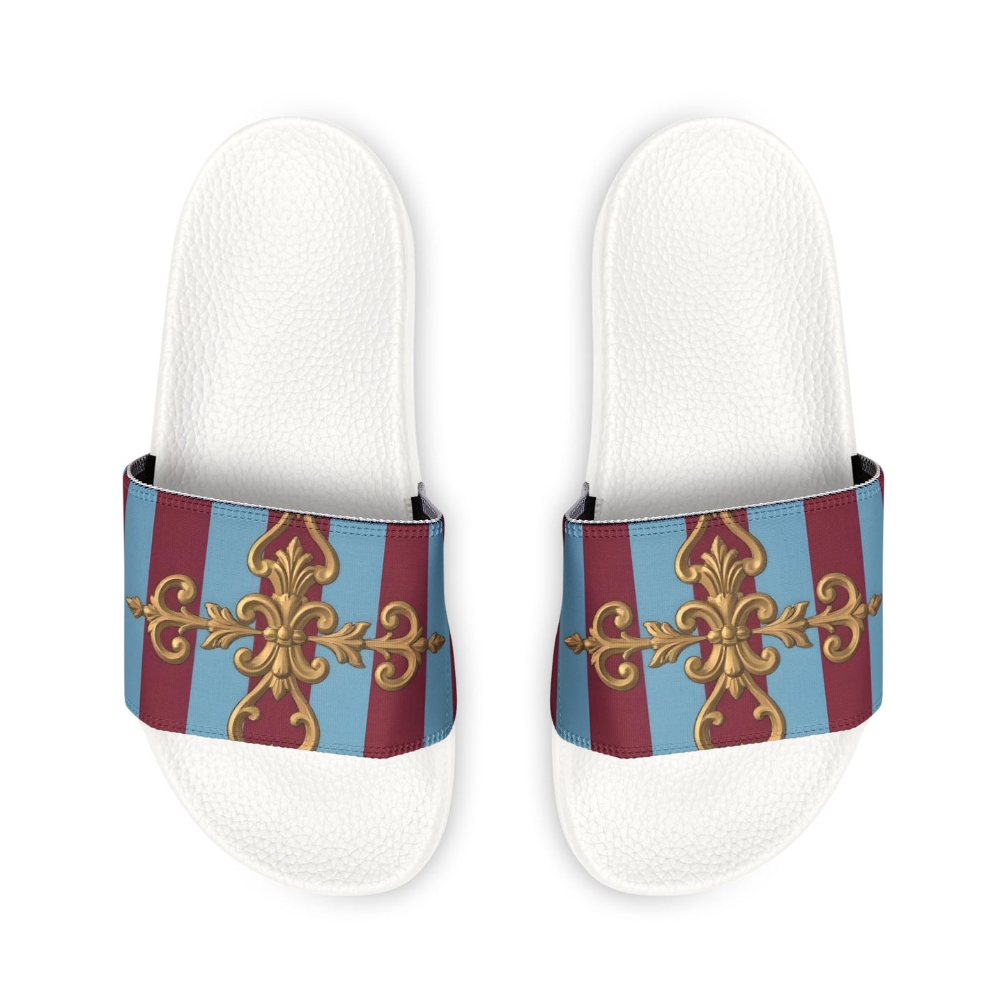 Chic Women's Sandals with Removable Straps, Stylish Flip Flops, Beach Footwear, Summer Fashion - Sky Blue & Maroon Striped Baroque